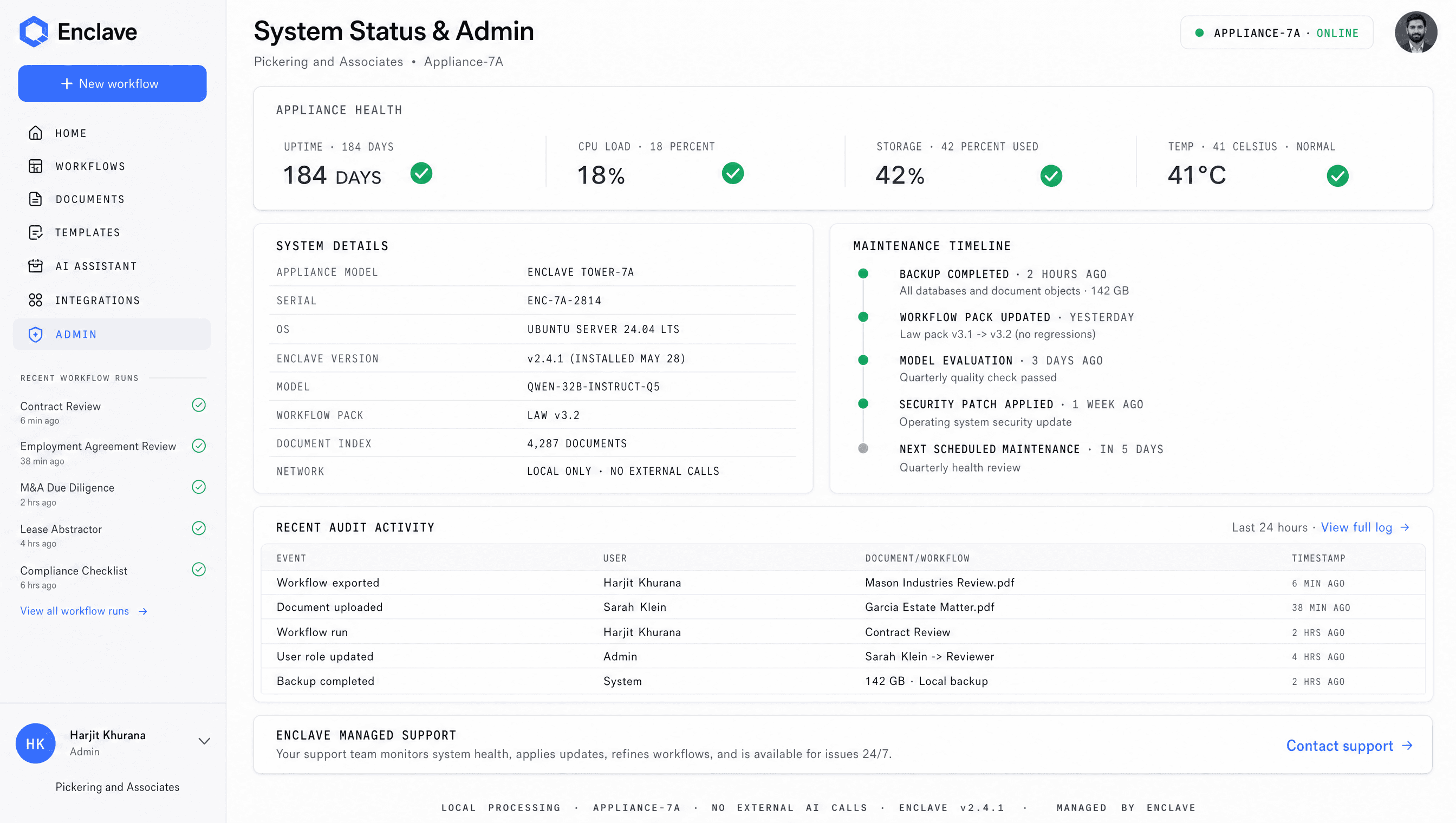 The Enclos admin dashboard showing appliance health, maintenance timeline, and audit activity