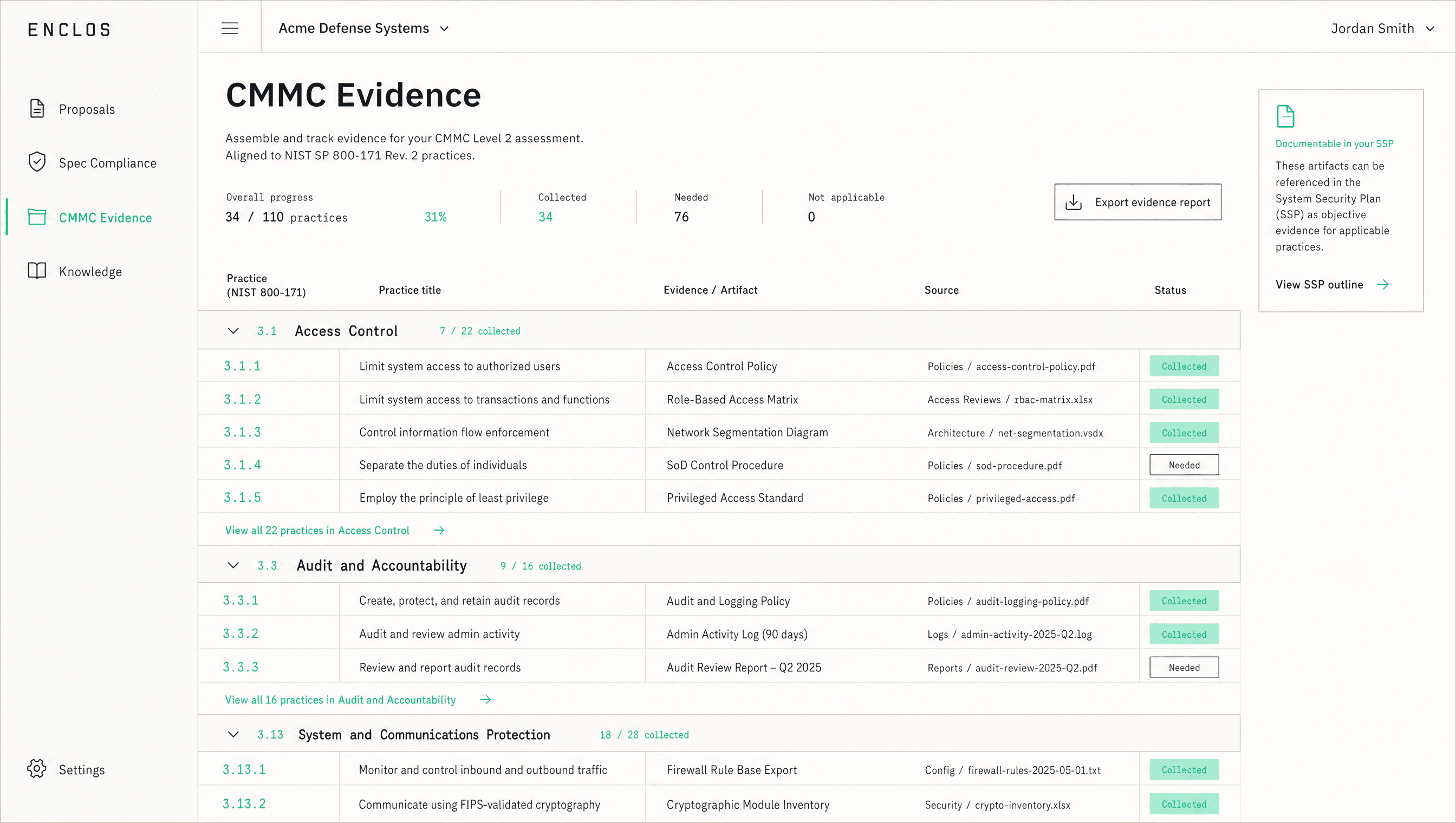 The Enclos workspace collecting CMMC evidence mapped to NIST 800-171 practices