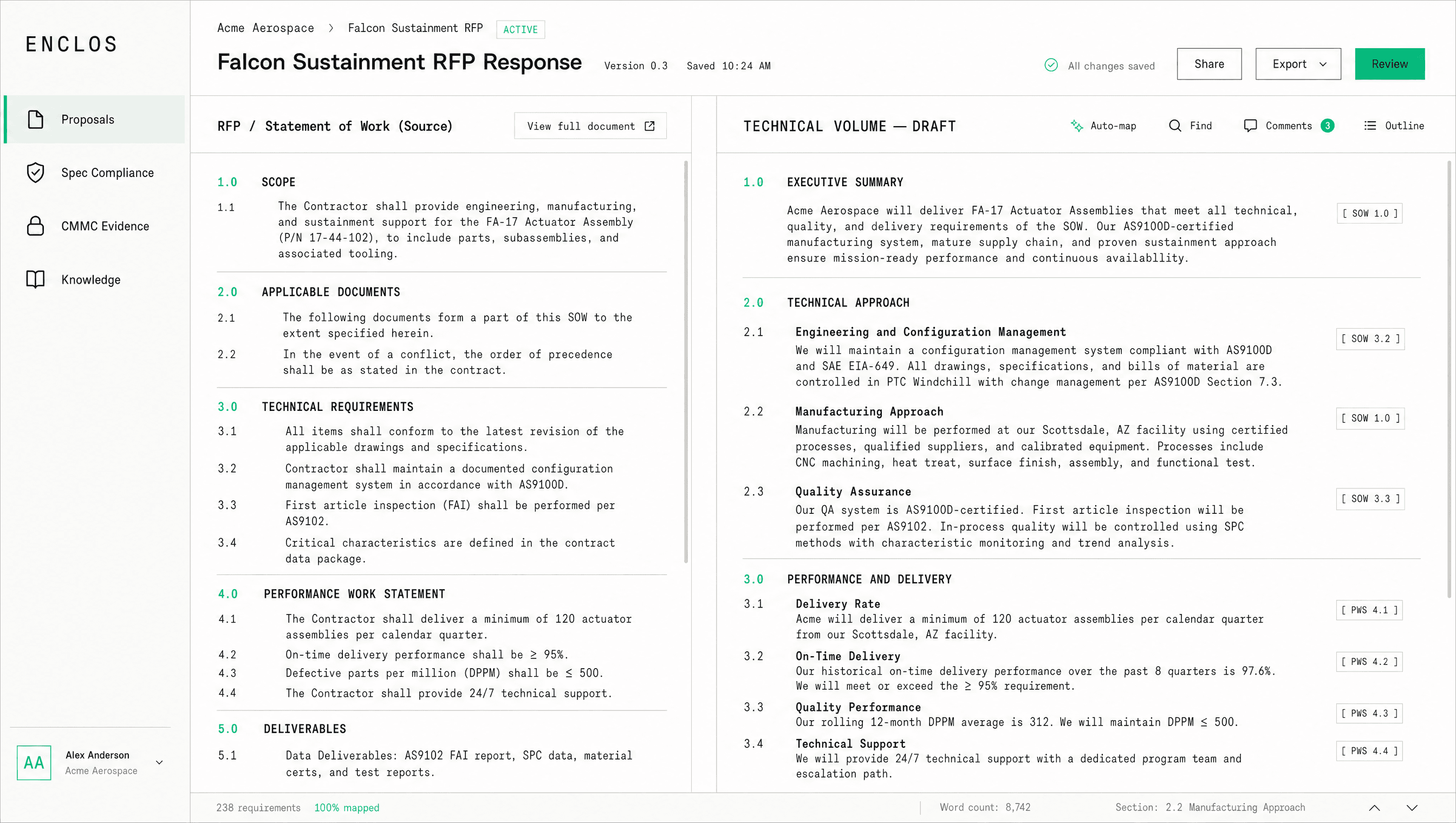 The Enclos workspace drafting a proposal section with requirement citations
