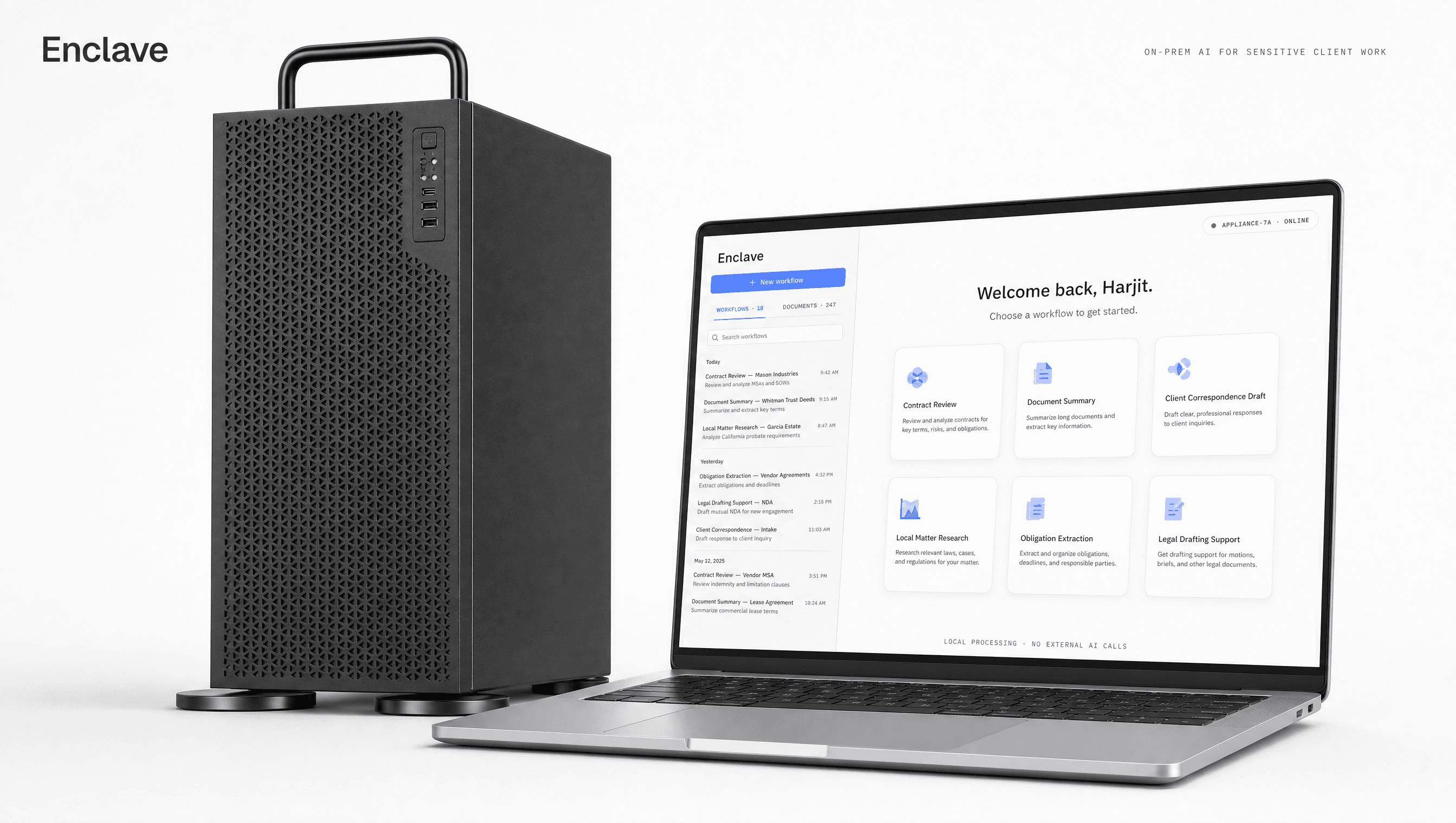 The Enclos AI appliance beside a laptop running the Enclos private browser workspace