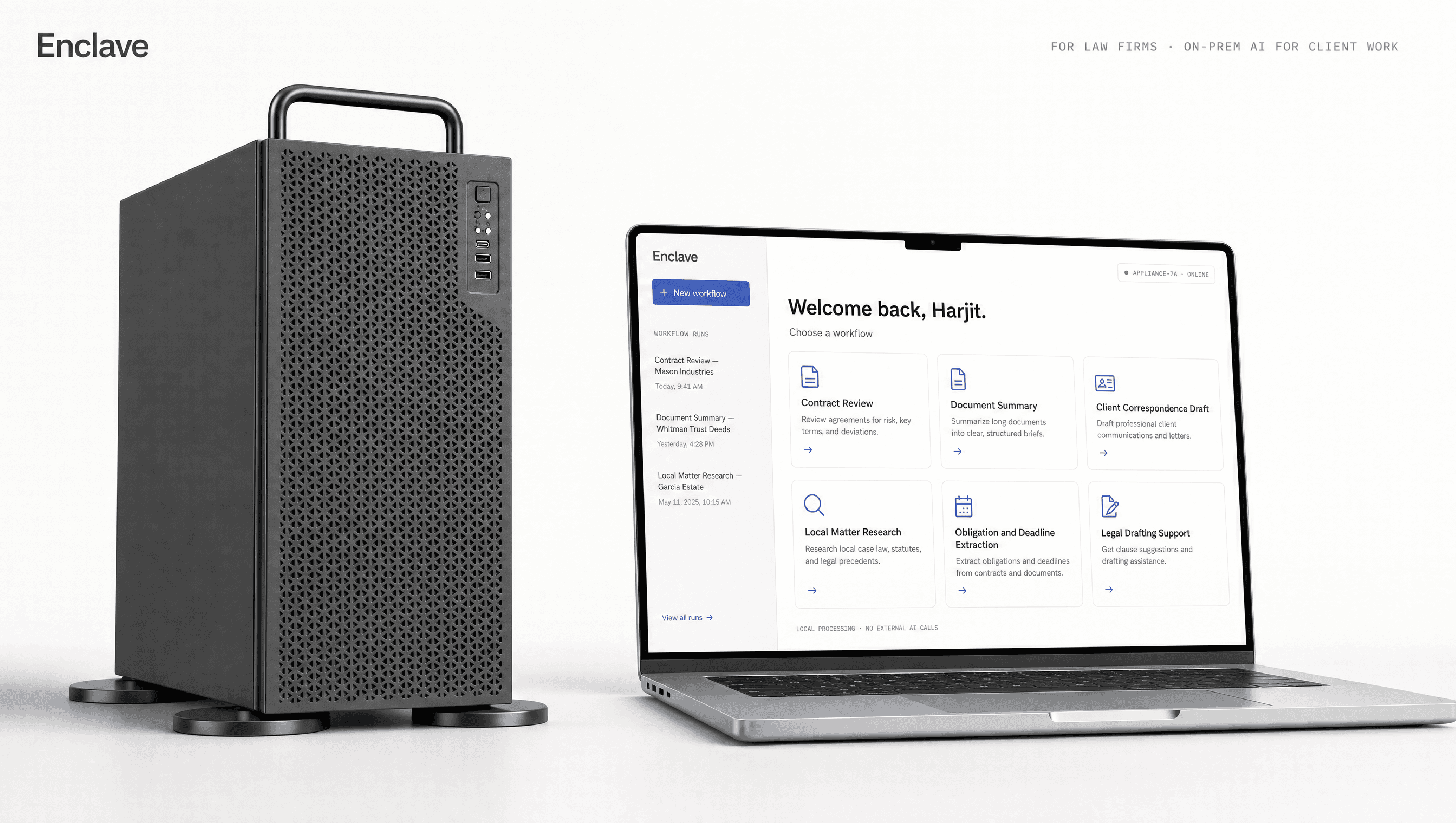 The Enclos appliance beside a laptop running the Enclos workspace configured for a law firm