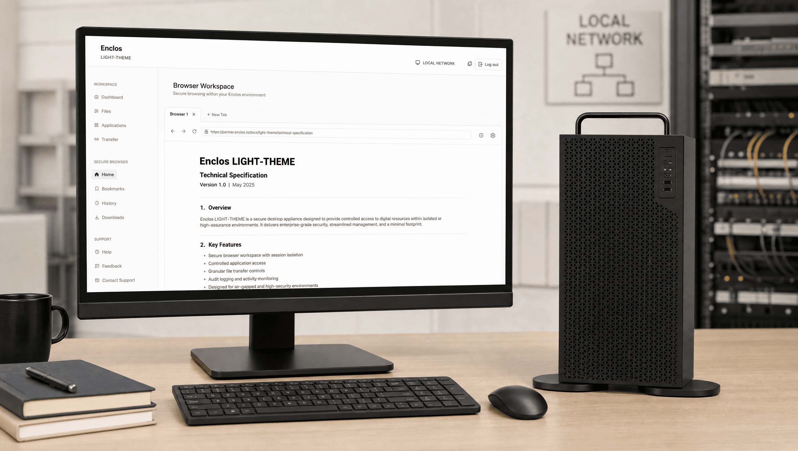 A monitor running the Enclos workspace beside the appliance, connected over the facility network