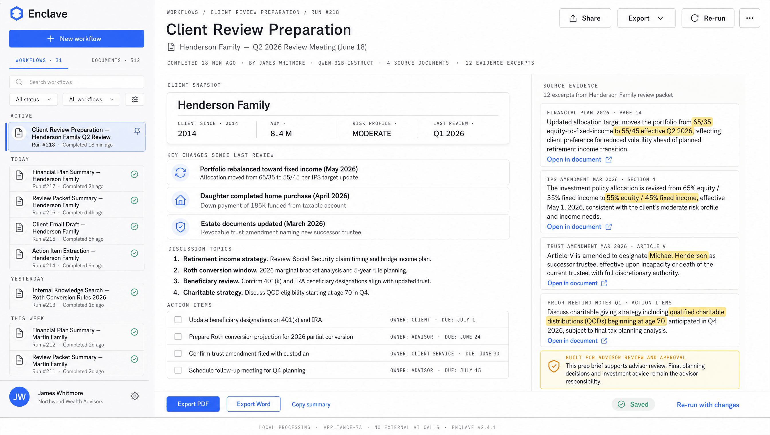 A completed client review preparation brief in the Enclos workspace with discussion topics and action items