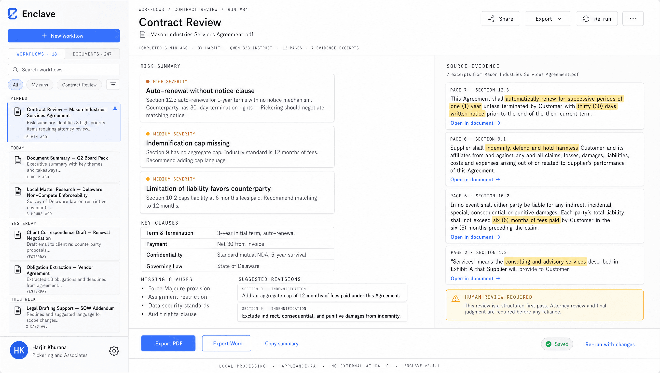 A completed contract review workflow with structured findings and source evidence