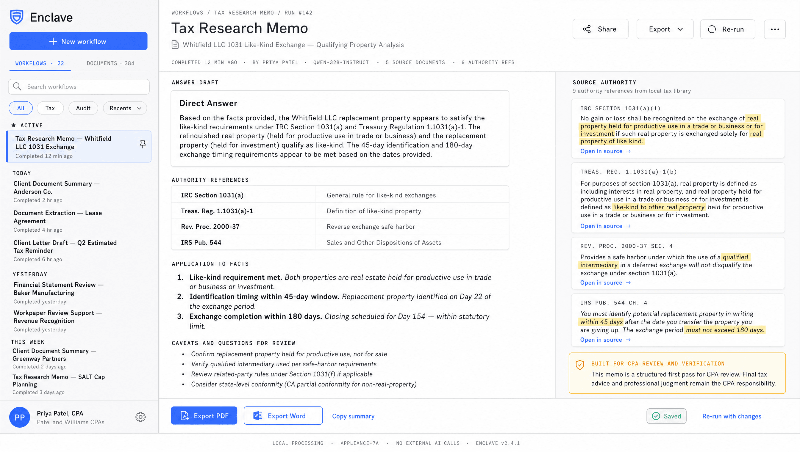 A completed tax research memo in the Enclos workspace with authority references and source excerpts
